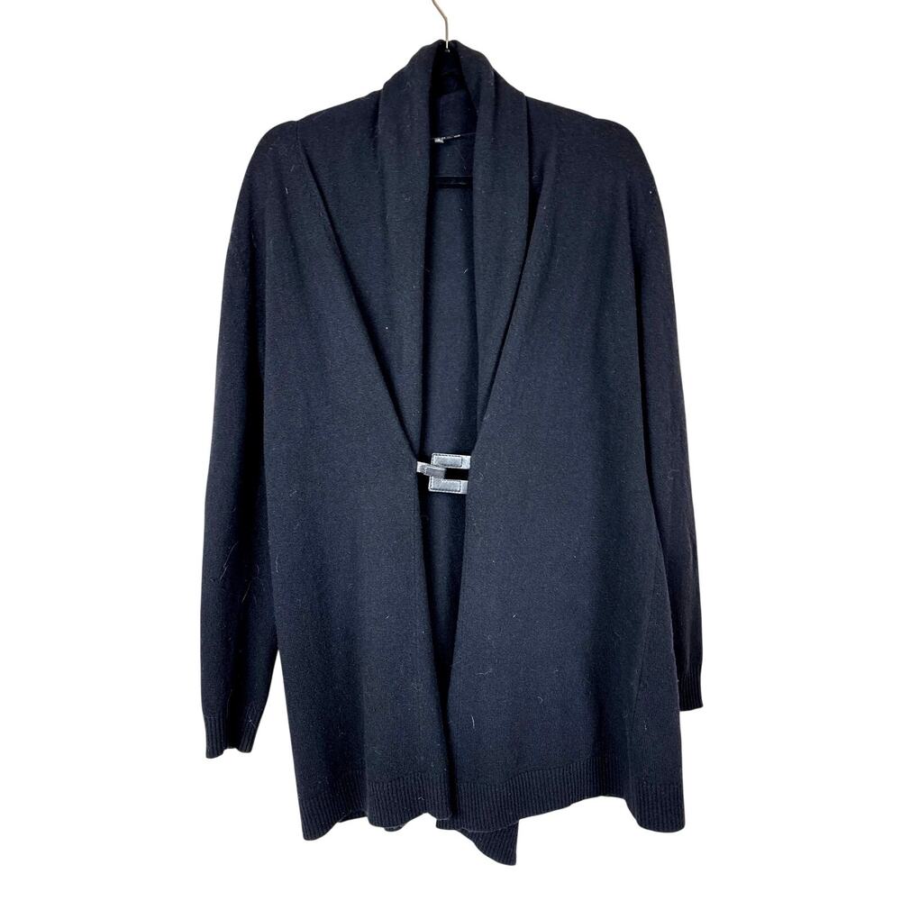 Lafayette 148 Womens L Black Cashmere Blend Long Cardigan Leather Clasp Closure